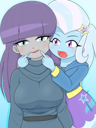 Size: 1668x2224 | Tagged: safe, artist:batipin, maud pie, trixie, human, equestria girls, g4, breasts, busty maud pie, duo, duo female, female, forced smile, open mouth, simple background, smiling, when she smiles