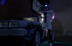 Size: 3360x2160 | Tagged: safe, artist:rainsstudio, sci-twi, twilight sparkle, alicorn, anthro, plantigrade anthro, g4, 3d, back to the future, car, clothes, delorean, female, folded wings, glasses, glowing, glowing eyes, goggles, goggles on head, high res, lab coat, nexgen, night, open mouth, pants, sci-twilicorn, shirt, shoes, solo, source filmmaker, watch, wings
