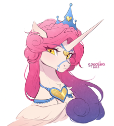 Size: 2683x2968 | Tagged: safe, artist:spoosha, idw, princess amore, alicorn, pony, g4, alicornified, amorecorn, beautiful, colored, crown, digital art, feather, female, flowing mane, folded wings, high res, horn, jewelry, long horn, mare, neck fluff, pink mane, race swap, regalia, signature, simple background, sketch, slender, solo, sternocleidomastoid, thin, white background, wings, yellow eyes