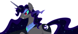 Size: 1024x454 | Tagged: safe, artist:traveleraoi, oc, oc only, oc:somber moon, pony, unicorn, cape, clothes, colored horn, ear fluff, ethereal mane, ethereal tail, eyeshadow, flowing mane, flowing tail, grin, horn, makeup, markings, offspring, parent:king sombra, parent:radiant hope, parents:hopebra, peytral, simple background, smiling, solo, sombra eyes, sparkles, tail, transparent background, unicorn oc, watermark