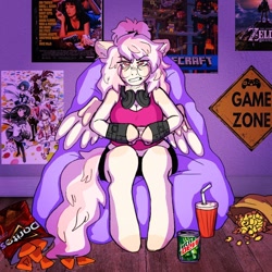 Size: 1280x1280 | Tagged: safe, artist:eadekki, oc, oc only, pegasus, anthro, unguligrade anthro, angry, arm hooves, beanbag chair, big breasts, breasts, chips, cleavage, clothes, controller, dexterous hooves, doritos, drink, female, food, gamer girl, glasses, headphones, minecraft, mountain dew, ponysona, poster, puella magi madoka magica, pulp fiction, round glasses, solo, tank top, the legend of zelda, the legend of zelda: breath of the wild