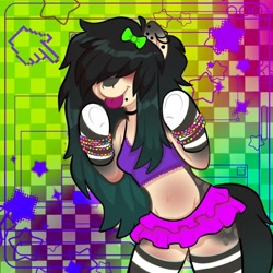 Size: 1080x1080 | Tagged: safe, artist:eadekki, oc, oc only, anthro, :p, abstract background, arm hooves, arm warmers, bow, camisole, clothes, ear piercing, female, hair bow, hair over eyes, kandi, lip piercing, midriff, miniskirt, piercing, rave, skirt, socks, solo, striped socks, thigh highs, tongue out
