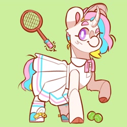 Size: 2500x2500 | Tagged: safe, artist:cocopudu, pony, unicorn, g1, ball, clothes, dress, green background, high res, horn, outfit, raised leg, simple background, smiling, solo, tennis ball, tennis racket