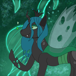 Size: 2048x2048 | Tagged: safe, artist:candy breeze, queen chrysalis, changeling, g4, crown, female, high res, hive, horn, jewelry, looking forward, mare, raised hoof, regalia, simple background, smiling, wings