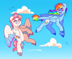 Size: 4096x3382 | Tagged: safe, artist:cocopudu, rainbow dash, zipp storm, pegasus, pony, g5, cloven hooves, duo, flying, sky background