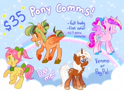 Size: 2048x1534 | Tagged: safe, artist:alexbeeza, posey bloom, princess cadance, oc, oc:pumpkin pear, alicorn, earth pony, pegasus, pony, unicorn, g4, g5, advertisement, price sheet