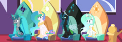Size: 1503x532 | Tagged: safe, artist:dustyygrey, artist:kiracatastic, princess celestia, queen chrysalis, oc, oc:solar flare, oc:solis, alicorn, changeling, changepony, pony, g4, a better ending for chrysalis, base used, brother and sister, colored hooves, concave belly, crown, female, hoof shoes, jewelry, magical lesbian spawn, male, mare, offspring, parent:princess celestia, parent:queen chrysalis, parents:chryslestia, peytral, regalia, siblings, slender, thin, throne