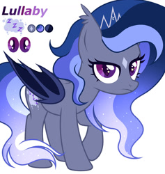 Size: 1280x1353 | Tagged: safe, artist:dustyygrey, artist:mint-light, oc, oc only, oc:lullaby, alicorn, bat pony, bat pony alicorn, pony, alicorn oc, antagonist, base used, bat wings, broken horn, coat markings, crown, cutie mark, facial markings, fallen hero, female, horn, jewelry, mare, reference sheet, regalia, simple background, solo, sparkly mane, star (coat marking), villainess, white background, wings