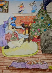 Size: 2804x3915 | Tagged: safe, artist:onyxdr, oc, oc only, oc:dawn chaser, oc:onyx, cat, dog, beanbag chair, chocolate, christmas, christmas tree, clothes, fire, fireplace, food, gay, high res, holiday, hot chocolate, male, pets, photo, pillow, rug, snow, stockings, sweater, television, thigh highs, traditional art, tree