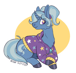 Size: 602x578 | Tagged: safe, artist:beyhr, trixie, pony, unicorn, g4, babysitter trixie, clothes, curved horn, female, hoodie, horn, mare, pigtails, prone, solo, starry eyes, twintails, wingding eyes