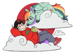 Size: 977x696 | Tagged: safe, artist:beyhr, rainbow dash, human, pegasus, pony, g4, can, cloud, drinking, duo, female, grin, looking at each other, looking at someone, lounging, male, on a cloud, one eye closed, osomatsu matsuno, osomatsu-san, partial background, sleeping, sleeping on a cloud, smiling, wink