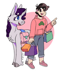 Size: 800x900 | Tagged: safe, artist:beyhr, rarity, human, pony, unicorn, g4, bag, cloven hooves, curved horn, duo, horn, osomatsu-san, partial background, pointing, saddle bag, shopping, simple background, standing, todomatsu matsuno