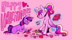 Size: 1447x812 | Tagged: safe, artist:beyhr, princess cadance, twilight sparkle, alicorn, pony, unicorn, g4, bow, crayon, duo, female, filly, filly twilight sparkle, happy valentines day, heart, holiday, scissors, tail, tail bow, teen princess cadance, unicorn twilight, valentine's day, younger