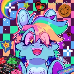 Size: 950x950 | Tagged: safe, artist:beyhr, rainbow dash, pegasus, pony, g4, checkered background, pop rocks, smiley face, solo