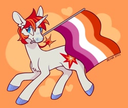 Size: 1494x1253 | Tagged: safe, artist:beyhr, oc, oc only, oc:wow factor, pony, unicorn, commission, flag, lesbian pride flag, mouth hold, pride, pride flag, solo, ych result