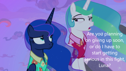 Size: 1280x720 | Tagged: safe, edit, edited screencap, screencap, princess celestia, princess luna, alicorn, pony, derpibooru, g4, caption, image macro, meta, text