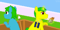 Size: 768x384 | Tagged: safe, artist:valuable ashes, oc, oc only, oc:technical writings, oc:valuable ashes, earth pony, pony, unicorn, binoculars, chocolate, food, pixel art, spear, tower, weapon