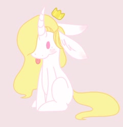 Size: 600x623 | Tagged: safe, artist:orcabunnies, oc, oc only, oc:rosey mae, hybrid, original species, pony, rabbit pony, unicorn, crown, dot eyes, jewelry, long ears, regalia, solo, tongue out