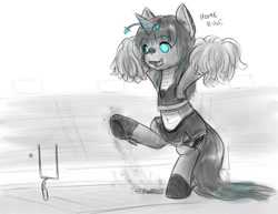 Size: 1017x785 | Tagged: safe, artist:alloyrabbit, oc, oc only, oc:orchid, kaiju, kaiju pony, pony, american football, baseball, basketball, belly button, bipedal, blue eyes, cheerleader, cheerleader outfit, clothes, completely confused, confused, fail, funny, giant pony, grayscale, home run, hoofprint, kick, kicking, macro, monochrome, neo noir, partial color, pom pom, solo, sports, standing, standing on one leg