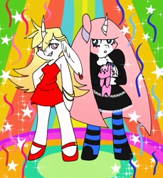 Size: 1621x1766 | Tagged: safe, artist:orcabunnies, oc, oc only, pony, unicorn, semi-anthro, anarchy panty, anarchy stocking, arm hooves, clothes, duo, panty and stocking with garterbelt, plushie, pony plushie, red dress, socks, striped socks