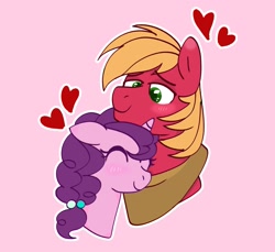 Size: 1911x1753 | Tagged: safe, artist:orcabunnies, big macintosh, sugar belle, earth pony, pony, unicorn, g4, blushing, duo, female, heart, male, mare, pink background, ship:sugarmac, shipping, simple background, smiling, stallion, straight