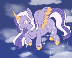 Size: 1280x1024 | Tagged: safe, artist:orcabunnies, oc, oc only, oc:glimmer, alicorn, pony, alicorn oc, flying, horn, solo, wings