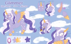 Size: 2195x1366 | Tagged: safe, artist:orcabunnies, oc, oc only, oc:glimmer, alicorn, pony, alicorn oc, horn, reference sheet, solo, wings
