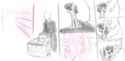 Size: 1277x625 | Tagged: safe, artist:alloyrabbit, scootaloo, oc, oc:anon, pony, g4, comic, confused, exclamation point, shopping cart, shoulder pony, smiling, supermarket, toy