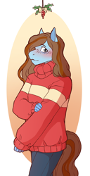 Size: 1264x2464 | Tagged: safe, artist:morgdl, oc, oc:sertpony, anthro, blue coat, blushing, christmas, clothes, denim, holiday, holly, holly mistaken for mistletoe, jeans, jumper, orange mane, pants, simple background, solo, sweater, tail
