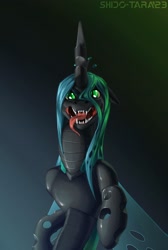Size: 1850x2750 | Tagged: safe, artist:shido-tara, queen chrysalis, changeling, changeling queen, pony, collaboration:meet the best showpony, g4, angry, collaboration, fangs, glowing, glowing eyes, hissing, looking at you, open mouth, palindrome get, simple background, tongue out