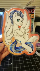 Size: 5312x2988 | Tagged: safe, artist:inkkeystudios, oc, oc only, pony, badge, flying, looking at you, photo, smiling, solo, spread wings, traditional art, underhoof, wings