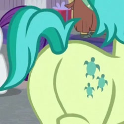 Size: 720x720 | Tagged: safe, screencap, rarity, sandbar, yona, pony, turtle, g4, season 8, the hearth's warming club, butt, cropped, cutie mark, male, pictures of butts, plot, sandbutt, stallion, the ass was fat