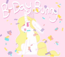 Size: 1808x1600 | Tagged: safe, artist:orcabunnies, oc, oc only, oc:rosey mae, hybrid, original species, pony, rabbit pony, unicorn, :p, confetti, curved horn, hat, horn, long ears, party hat, solo, tongue out