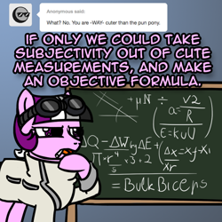 Size: 800x800 | Tagged: safe, artist:thedragenda, oc, oc:ace, earth pony, pony, ask-acepony, chalkboard, female, goggles, mare, solo