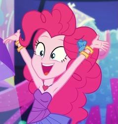 Size: 971x1015 | Tagged: safe, screencap, pinkie pie, human, equestria girls, g4, my little pony equestria girls: better together, twilight under the stars, armpits, arms in the air, bare shoulders, blue eyes, bracelet, clothes, cropped, cute, diapinkes, dress, female, hairband, hands in the air, heart necklace, jewelry, open mouth, open smile, pink hair, pink skin, rah rah skirt, skirt, sleeveless, sleeveless dress, smiling, solo, stars are like the glitter of the sky, strapless, strapless dress
