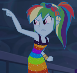 Size: 1013x959 | Tagged: safe, screencap, rainbow dash, human, equestria girls, equestria girls series, g4, spring breakdown, spoiler:eqg series (season 2), armpits, bare shoulders, bracelet, clothes, cloud, cloudy, cruise concert outfit, cruise outfit, dress, female, glare, jewelry, looking over shoulder, pointing, ponytail, sleeveless, sleeveless dress, solo, teeth, yacht