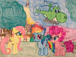 Size: 1280x963 | Tagged: safe, artist:justinvaldecanas, part of a set, fluttershy, pinkie pie, rainbow dash, dinosaur, earth pony, pegasus, pony, yoshi, g4, crossover, female, filly, filly fluttershy, filly pinkie pie, filly rainbow dash, group, helicopter, part of a series, ponyville, quartet, story included, super mario bros., traditional art, transformation, younger