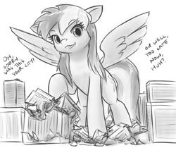 Size: 816x687 | Tagged: safe, artist:alloyrabbit, rainbow dash, pony, g4, :3, city, crush fetish, crushing, destruction, dialogue, evil, fangs, fetish, giant pony, grayscale, looking at you, macro, macro/micro, micro, monochrome, simple background, spread wings, white background, wings