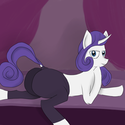 Size: 2690x2690 | Tagged: safe, artist:tavibird, derpibooru exclusive, rarity, pony, g4, butt, clothes, high res, looking at you, pants, plot, simple background, solo, stage, yoga pants
