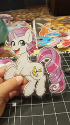 Size: 5312x2988 | Tagged: safe, artist:inkkeystudios, oc, oc only, pony, unicorn, badge, happy, open mouth, open smile, paper pony, photo, smiling, solo, traditional art
