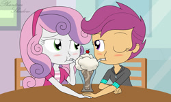 Size: 1024x615 | Tagged: safe, artist:phantomshadow051, scootaloo, sweetie belle, human, equestria girls, g4, blushing, cute, duo, duo female, female, holding hands, indoors, lesbian, one eye closed, ship:scootabelle, shipping, straw, table, wink