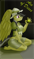 Size: 1100x1900 | Tagged: safe, artist:sixes&sevens, daring do, pegasus, anthro, plantigrade anthro, g4, abs, ace of discs, barefoot, clothes, explicit source, feet, female, glowing, hat, kneeling, medallion, minor arcana, multiple variants, pith helmet, shorts, smiling, solo, tarot card, torn clothes