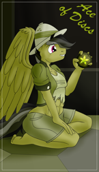 Size: 1100x1900 | Tagged: safe, alternate version, artist:sixes&sevens, daring do, pegasus, anthro, plantigrade anthro, g4, abs, ace of discs, barefoot, clothes, dashing do, explicit source, feet, glowing, hat, kneeling, male, medallion, minor arcana, multiple variants, pith helmet, rule 63, smiling, solo, tarot card, torn clothes