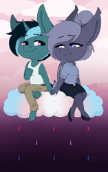 Size: 3147x5000 | Tagged: safe, artist:mamachubs, oc, oc only, oc:selenite, oc:sol nightshade, bat pony, unicorn, anthro, unguligrade anthro, anthro oc, bat pony oc, bisexual pride flag, chibi, clothes, cloud, commission, cute, duo, female, high heels, horn, male, mare, oc x oc, on a cloud, pants, pride, pride flag, rain, shipping, shirt, shoes, sitting, sitting on a cloud, skirt, solenite, straight, transgender pride flag, unicorn oc, ych result