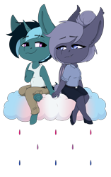 Size: 3147x5000 | Tagged: safe, alternate version, artist:mamachubs, oc, oc only, oc:selenite, oc:sol nightshade, bat pony, unicorn, anthro, unguligrade anthro, anthro oc, bat pony oc, bisexual pride flag, chibi, clothes, cloud, commission, cute, duo, female, high heels, horn, male, mare, oc x oc, on a cloud, pants, pride, pride flag, rain, shipping, shirt, shoes, simple background, sitting, sitting on a cloud, skirt, solenite, straight, transgender pride flag, transparent background, unicorn oc, ych result