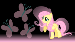 Size: 1920x1080 | Tagged: safe, artist:mlpwallpapermaker, fluttershy, pegasus, pony, g4, black background, cutie mark, female, mare, simple background, solo, wallpaper, worried