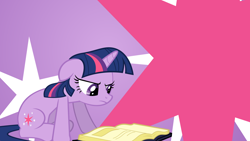 Size: 1920x1080 | Tagged: safe, artist:mlpwallpapermaker, twilight sparkle, pony, unicorn, g4, book, cutie mark, female, floppy ears, focused, frown, mare, purple background, reading, simple background, solo, unicorn twilight, wallpaper