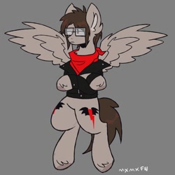 Size: 680x680 | Tagged: safe, artist:mxmx fw, pegasus, pony, clothes, crossed arms, ear fluff, flying, glasses, gray background, hoof fluff, jacket, male, mikey way, my chemical romance, ponified, scarf, simple background, solo, spread wings, stallion, wings