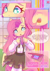 Size: 2480x3508 | Tagged: safe, artist:wavecipher, fluttershy, pegasus, pony, semi-anthro, g4, aesthetics, arm hooves, bronybait, clothes, dress, high res, looking at you, nintendo, nintendo ds, open mouth, smiling, smiling at you, solo, speech bubble, talking, talking to viewer, webcore, white pupils