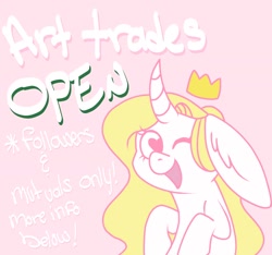 Size: 1600x1500 | Tagged: safe, artist:orcabunnies, oc, oc only, oc:rosey mae, hybrid, original species, pony, rabbit pony, unicorn, big ears, crown, curved horn, floppy ears, heart, heart eyes, horn, jewelry, long ears, looking at you, one eye closed, open mouth, open smile, regalia, smiling, solo, wingding eyes, wink, winking at you